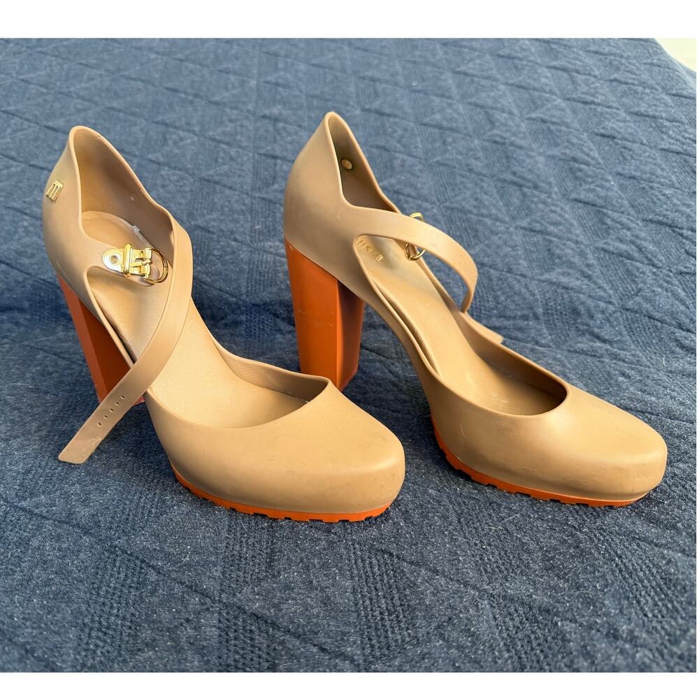 Melissa Jackie Mary Jane Heels Beige Orange Block Heel Jelly Shoes 33882